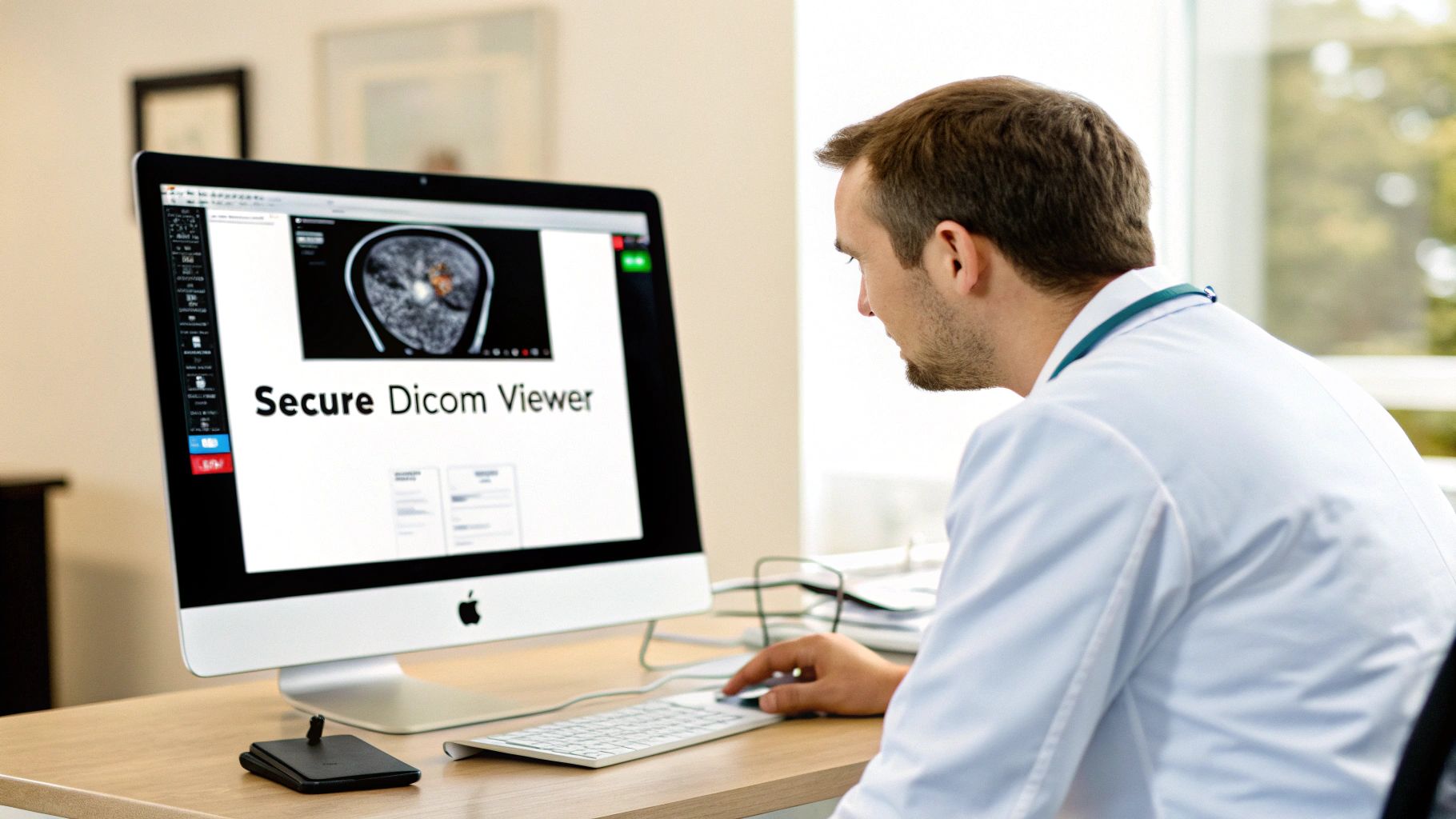 A doctor in a white coat examines a brain scan on a 'Secure Dicom Viewer' on an Apple iMac.