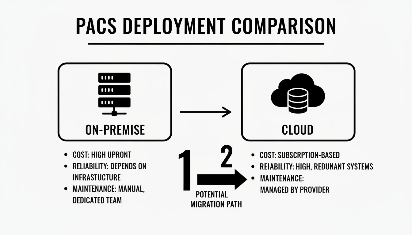 A comparison chart illustrating On-Premise versus Cloud PACS deployment, detailing costs, reliability, and maintenance factors.