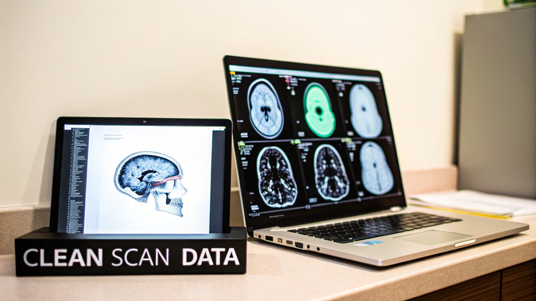 A doctor examining a series of medical scans on a large screen, representing data preparation.