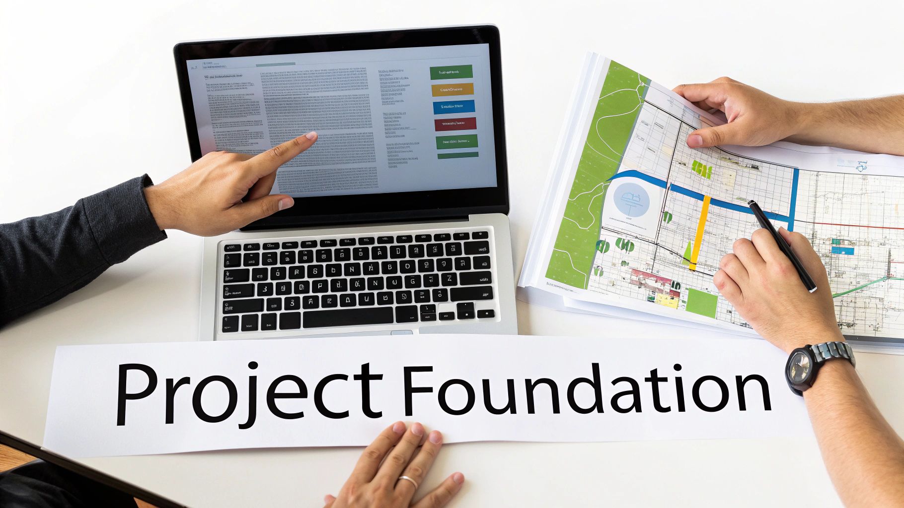 A diverse team of healthcare professionals and IT specialists collaborating around a table with blueprints and laptops, planning a project.