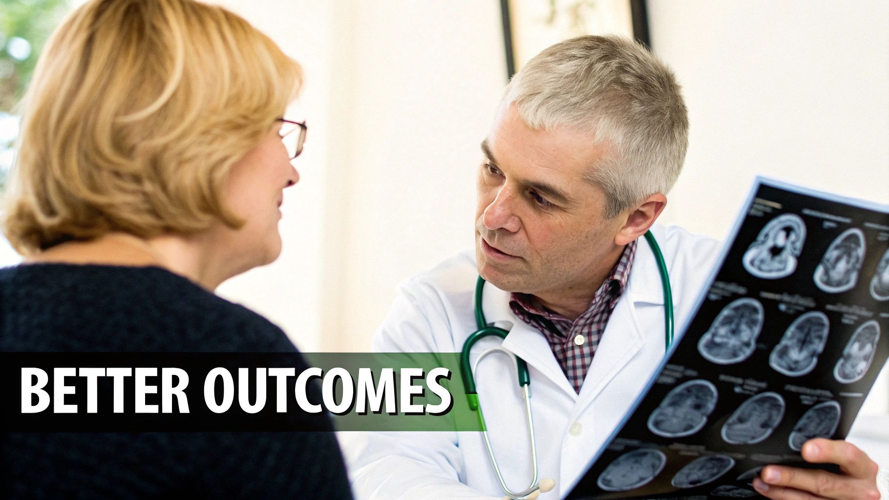 A doctor reviews brain scans with a female patient during a medical consultation, emphasizing better outcomes.