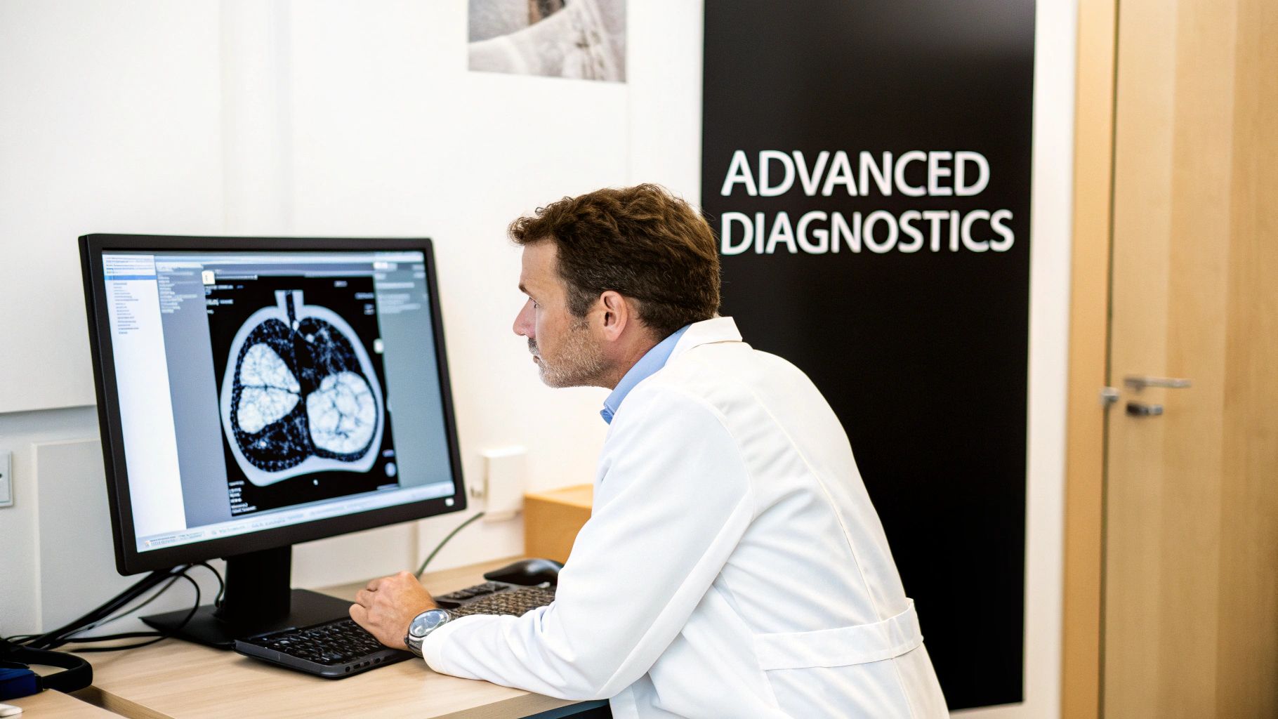 A healthcare professional views a DICOM image of lungs on a computer monitor in a clinic.