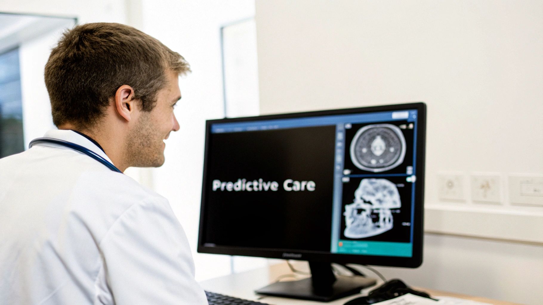 Doctor in white coat reviews predictive care software and medical imaging on a screen.