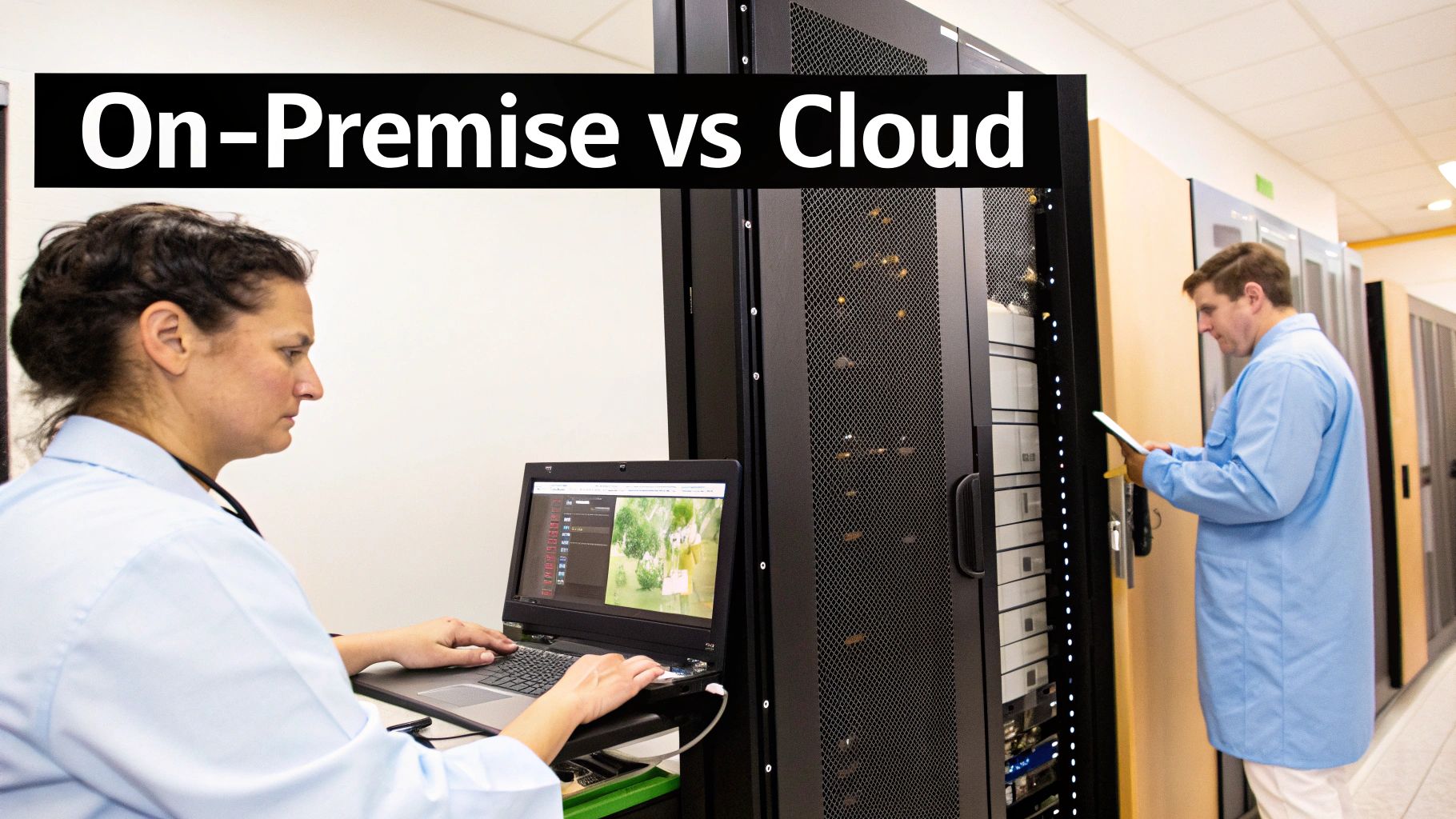 IT professionals in a data center managing servers, representing on-premise vs cloud infrastructure.