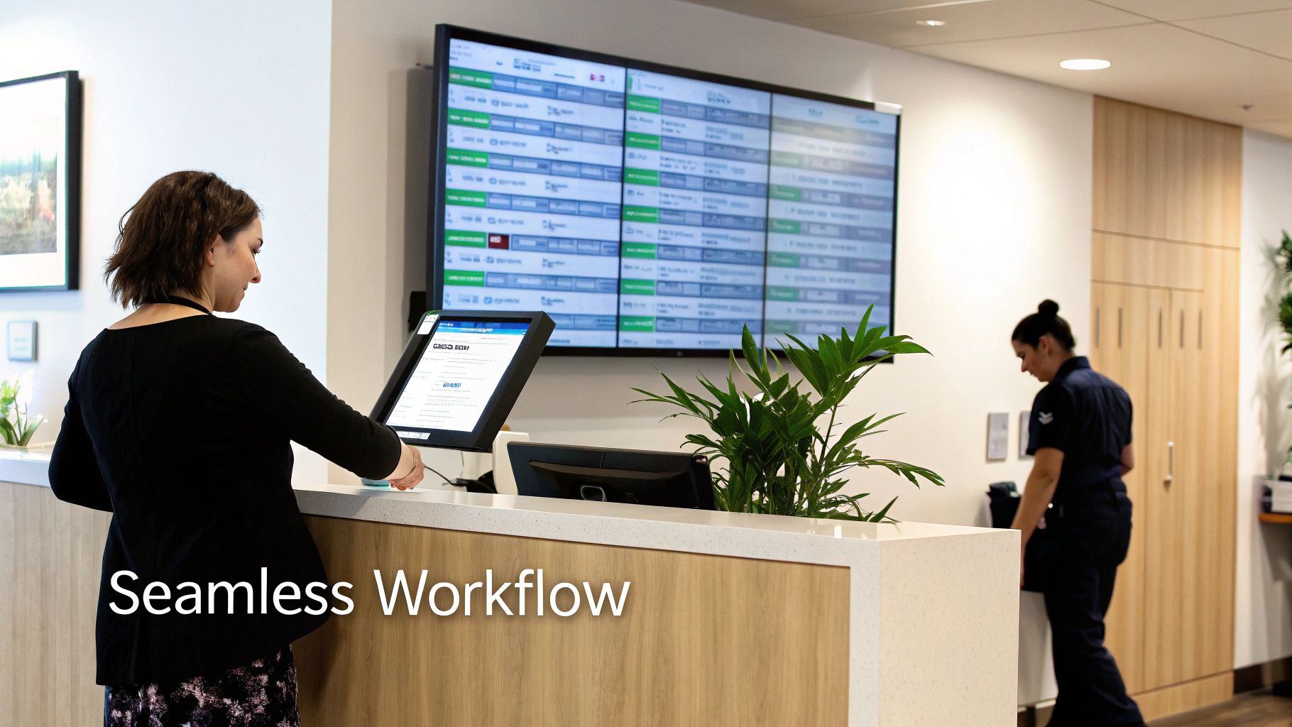 Medical staff member interacts with a touchscreen check-in system at a modern clinic reception.