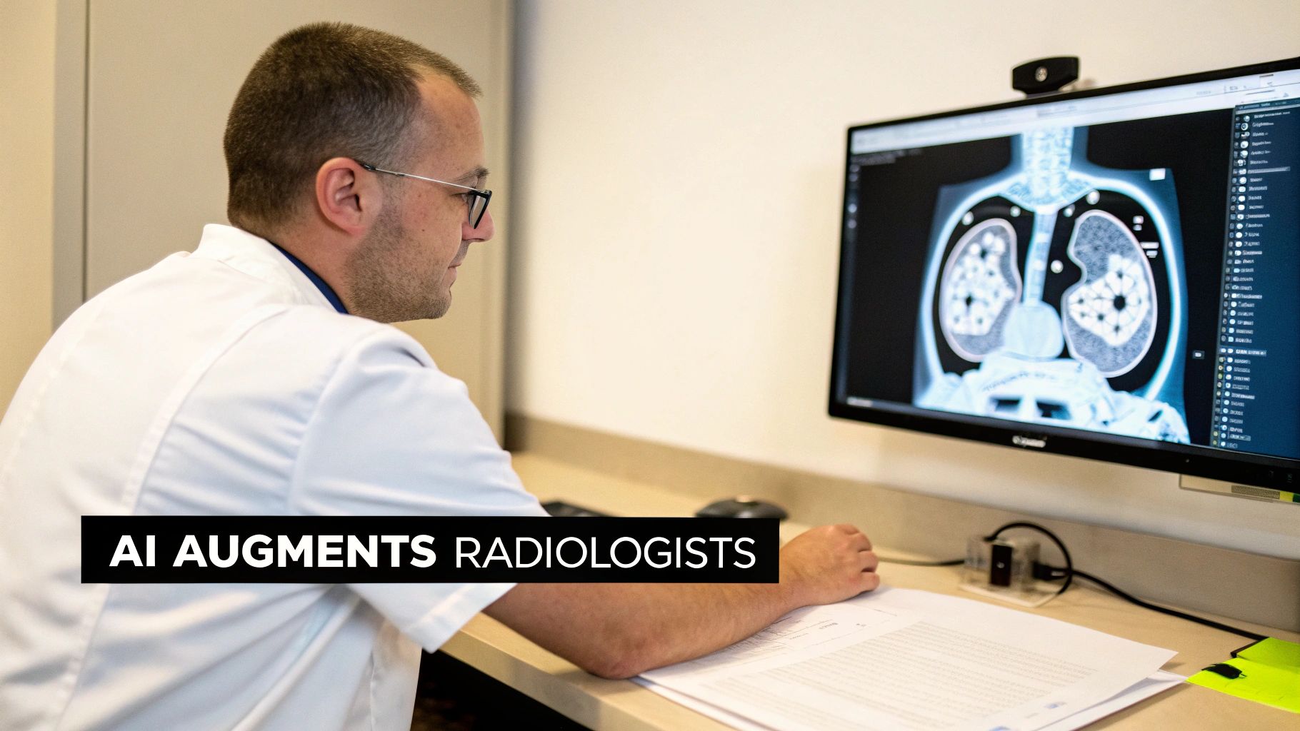 A radiologist reviews a medical scan on a computer monitor, with "AI AUGMENTS RADIOLOGISTS" text.