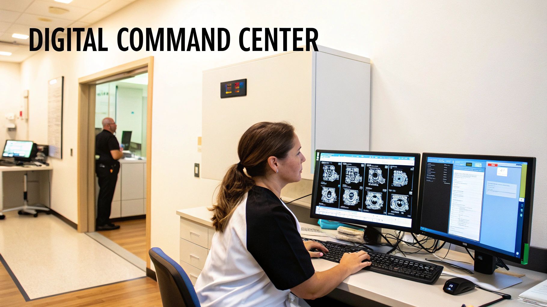 A medical professional works at a digital command center, viewing radiology images on dual monitors.