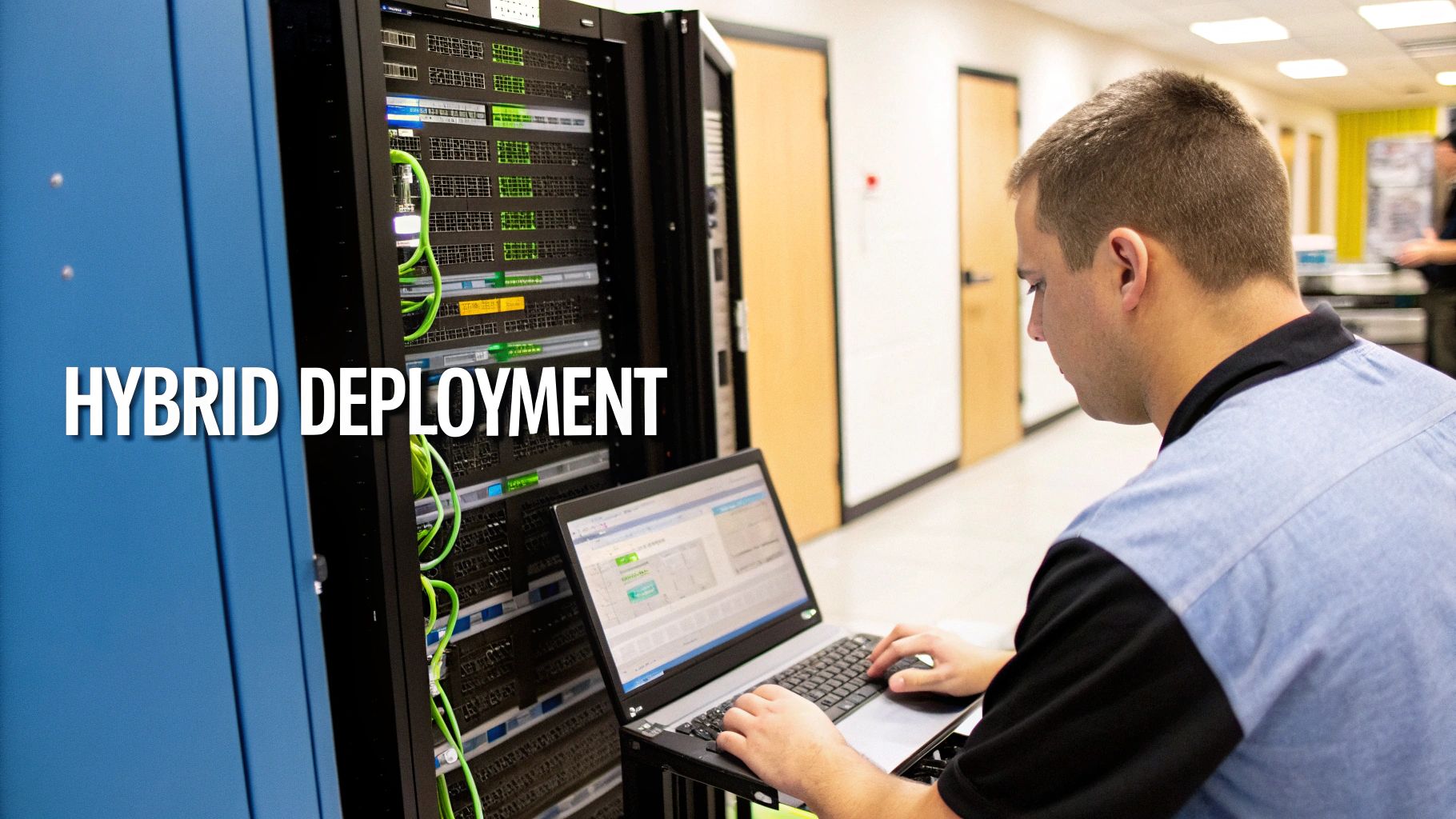 IT professional managing hybrid deployment infrastructure with server rack and laptop in data center