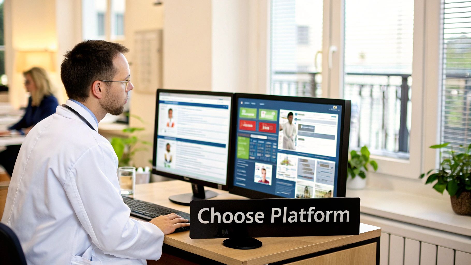 A medical professional evaluating various 3D imaging software options on a large screen.