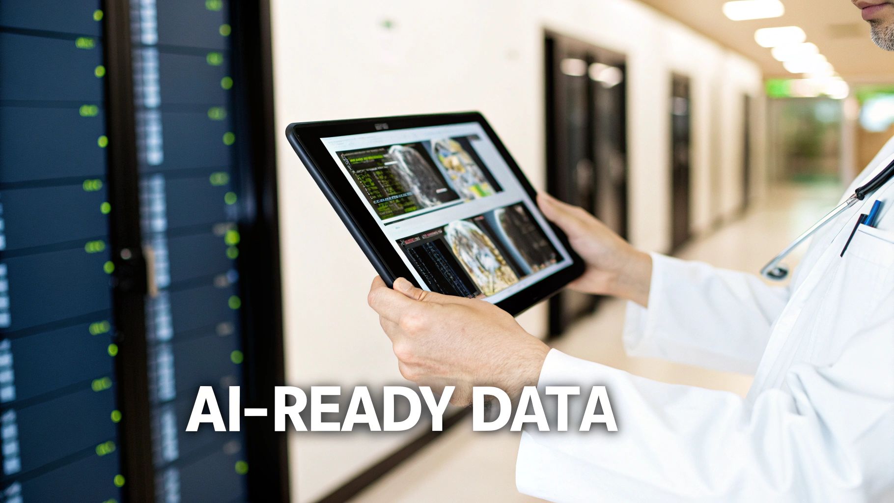 A healthcare professional views medical imaging on a tablet in front of server racks, emphasizing AI-ready data.