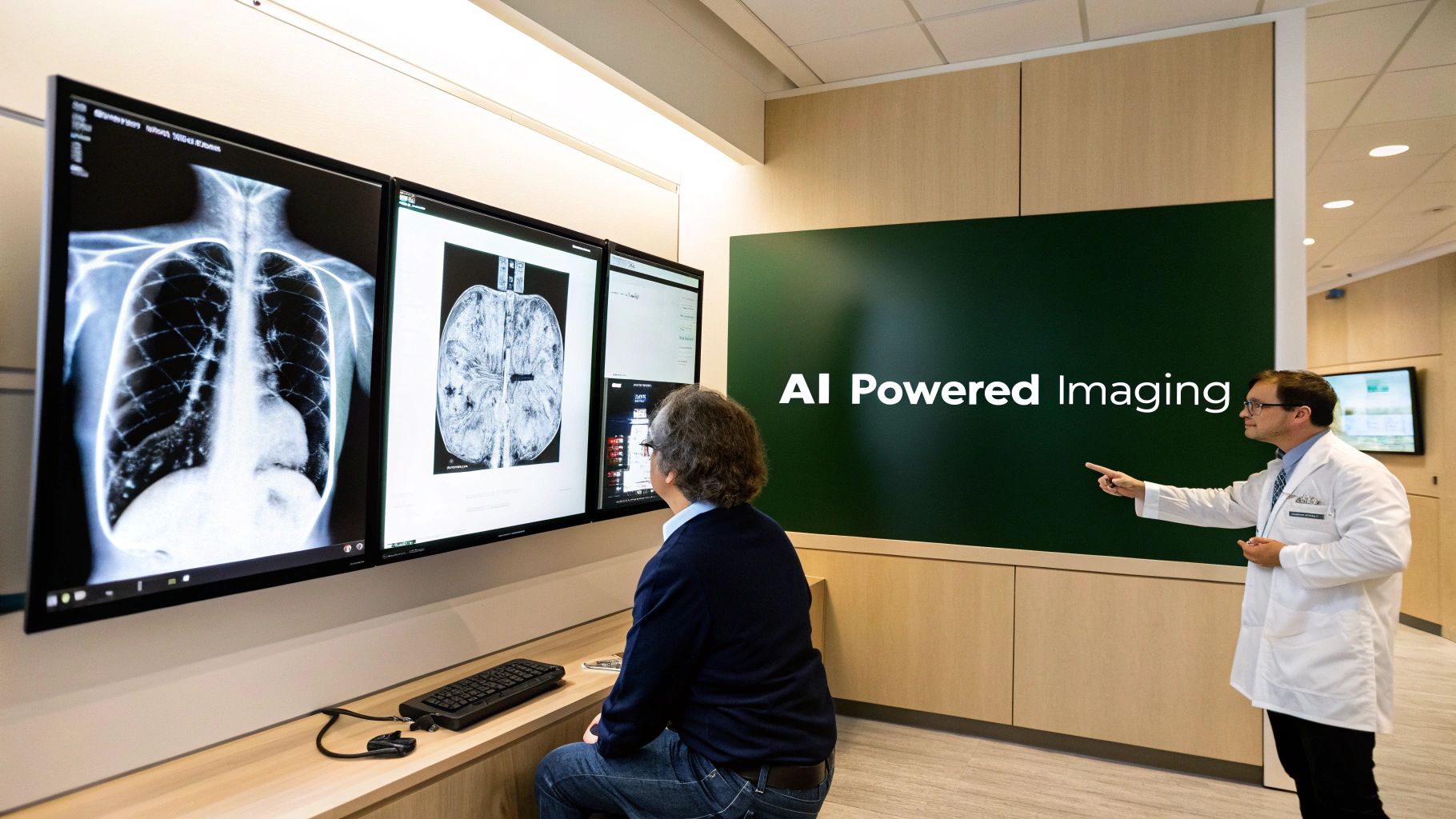 A futuristic view of a medical professional analyzing an X-ray on a transparent screen, symbolizing the advanced technology in medical imaging.