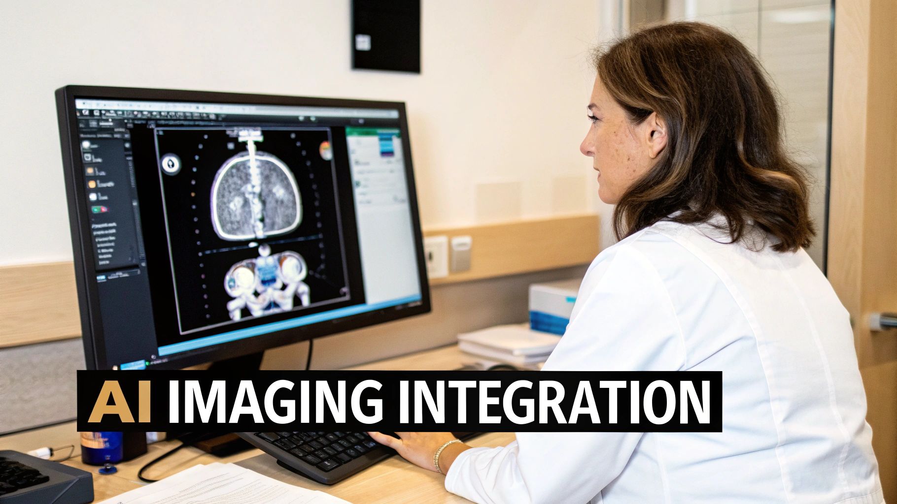 A female doctor in a white coat examines medical imaging scans on a computer screen, showcasing AI integration.