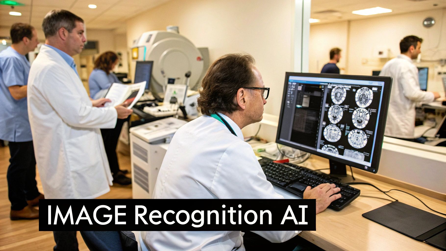 Radiologist looking at medical images on multiple screens