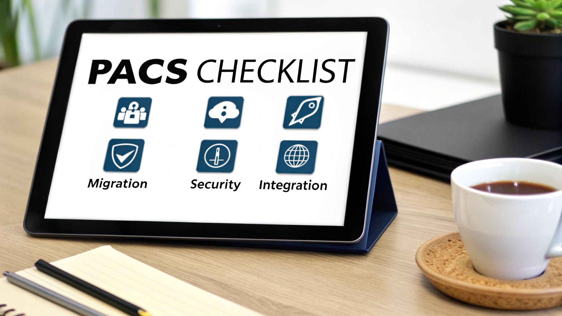 A tablet displays a PACS checklist with icons for migration, security, and integration.