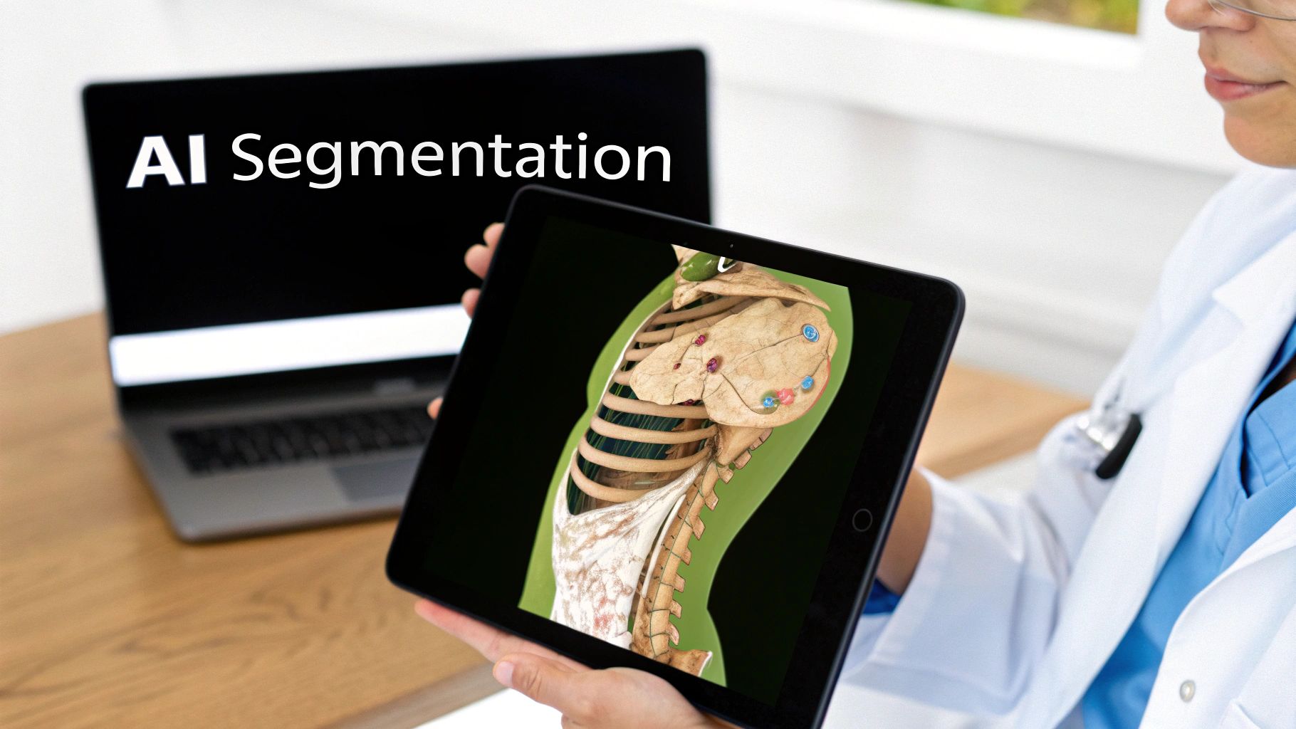 Robotic arm touching a brain scan graphic, symbolizing AI in medical imaging