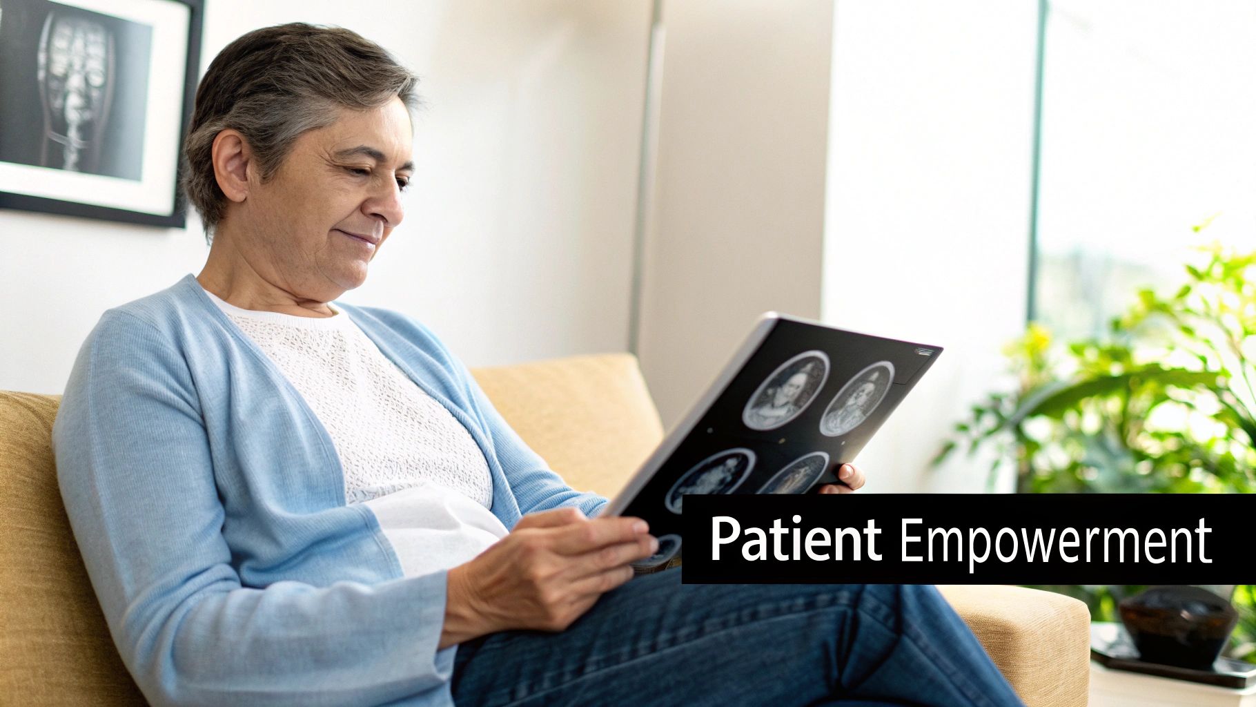 An older woman smiles while viewing medical images on a tablet, promoting patient empowerment.