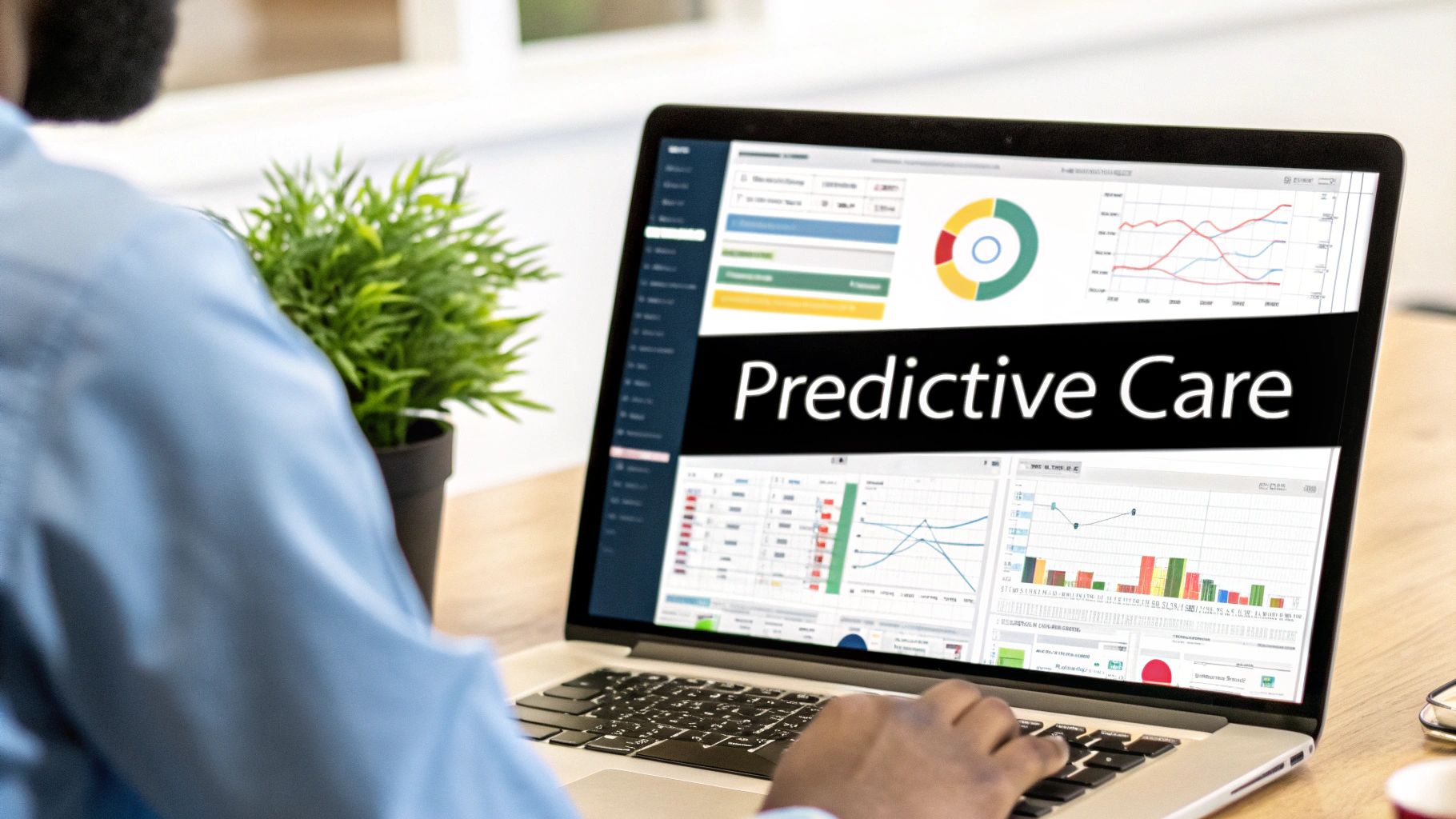 A person views a laptop screen displaying a 'Predictive Care' dashboard with data analytics charts.