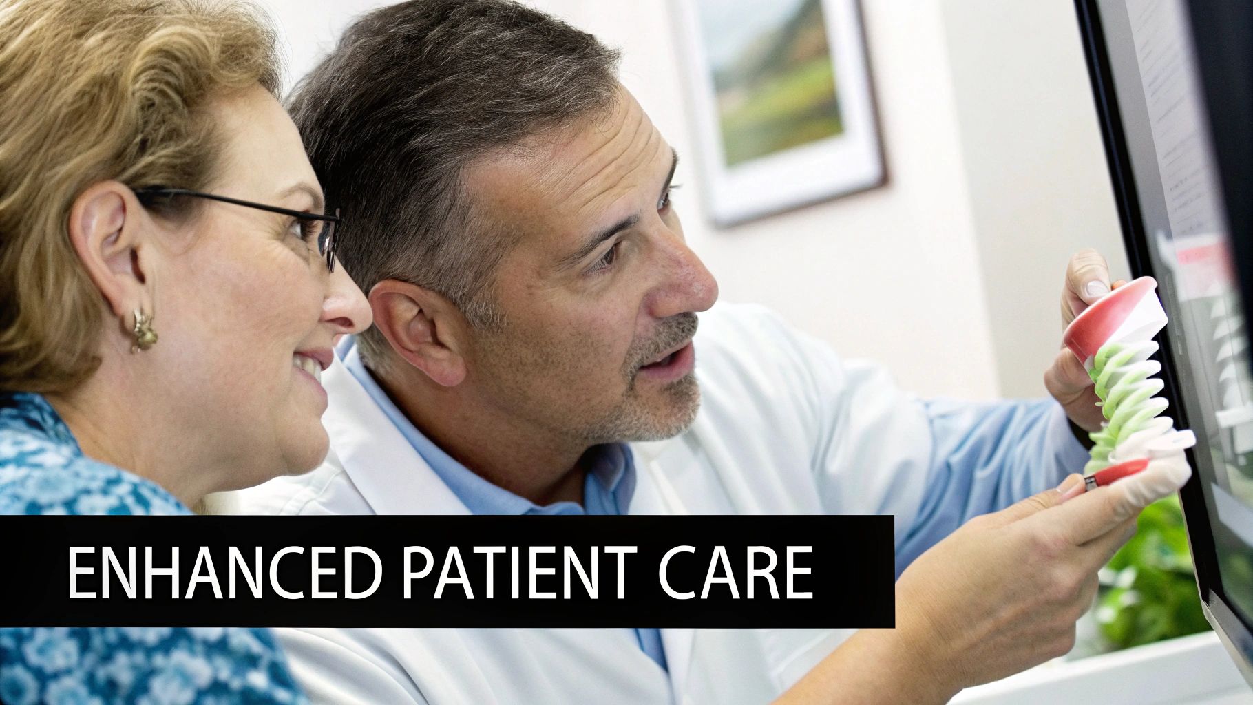 A detailed 3D cone beam image of a human skull displayed on a medical monitor.