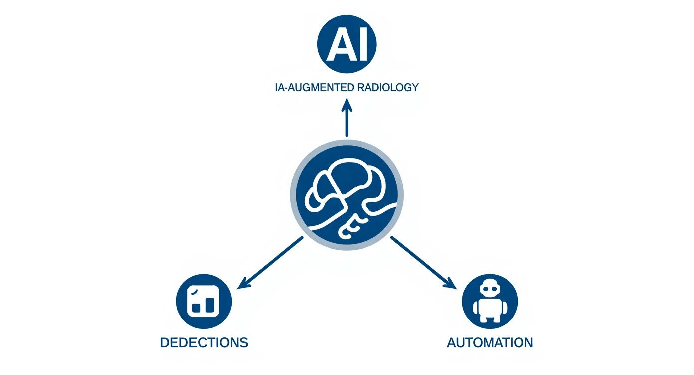 An infographic showing a central brain icon connected to three nodes representing AI's role in radiology detection, prediction, and automation.