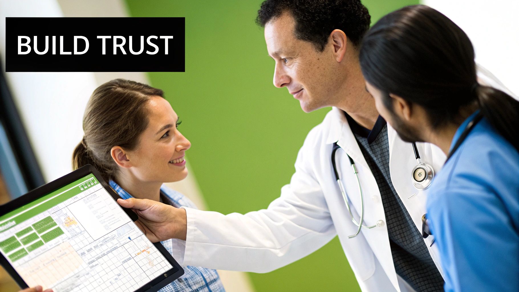 A healthcare professional confidently reviews AI-driven data on a futuristic interface, representing trust in technology.