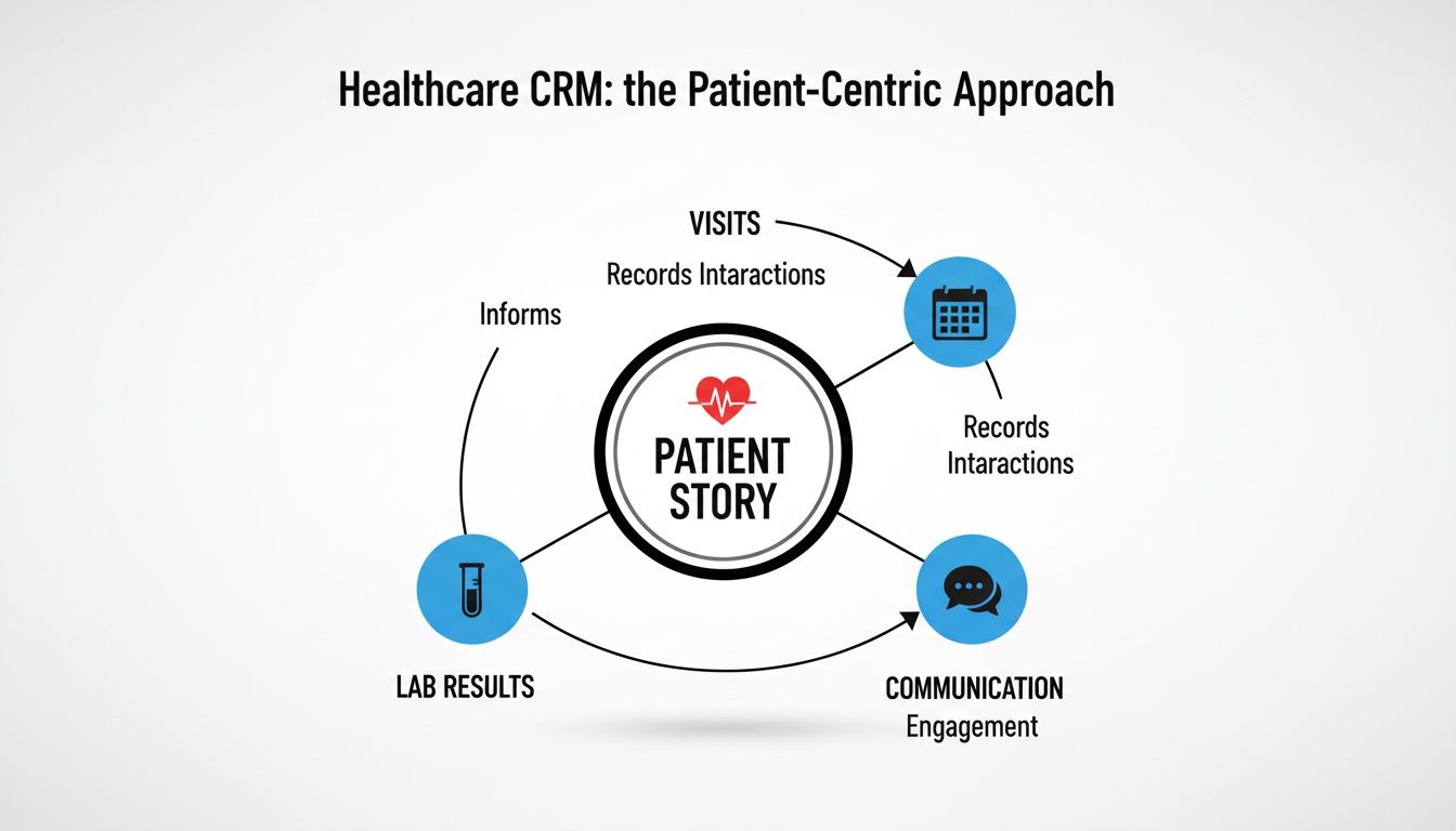 Diagram illustrating a healthcare CRM patient-centric approach, connecting patient story with visits, lab results, and communication.