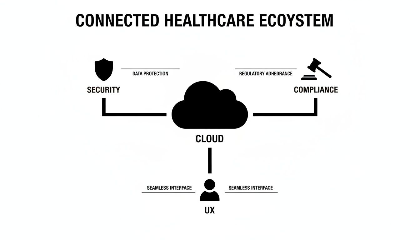 Diagram illustrating a connected healthcare ecosystem with cloud, security, compliance, and user experience integration.
