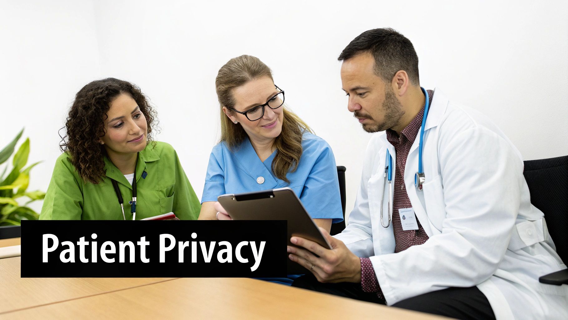 Three diverse healthcare professionals collaborating while reviewing patient privacy information on digital tablet