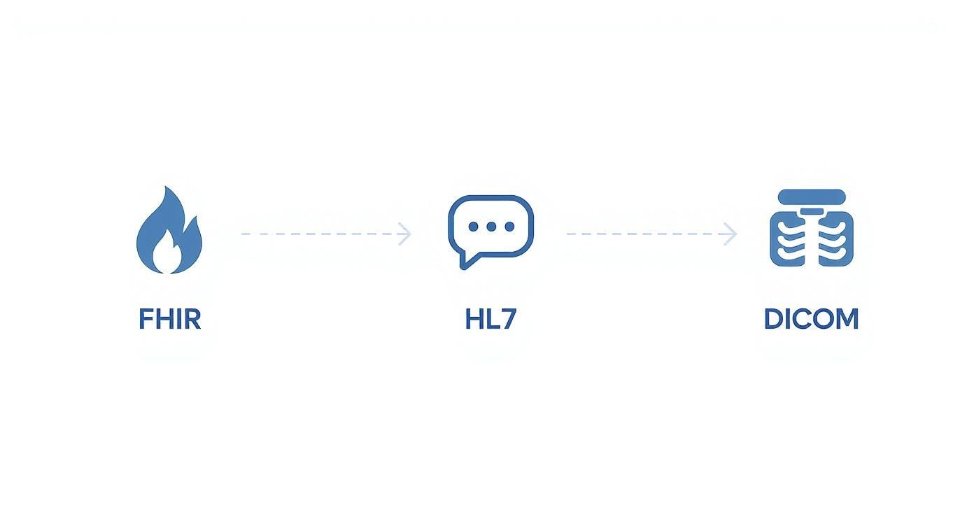 Flow diagram illustrating the connection between healthcare data standards FHIR, HL7, and DICOM.