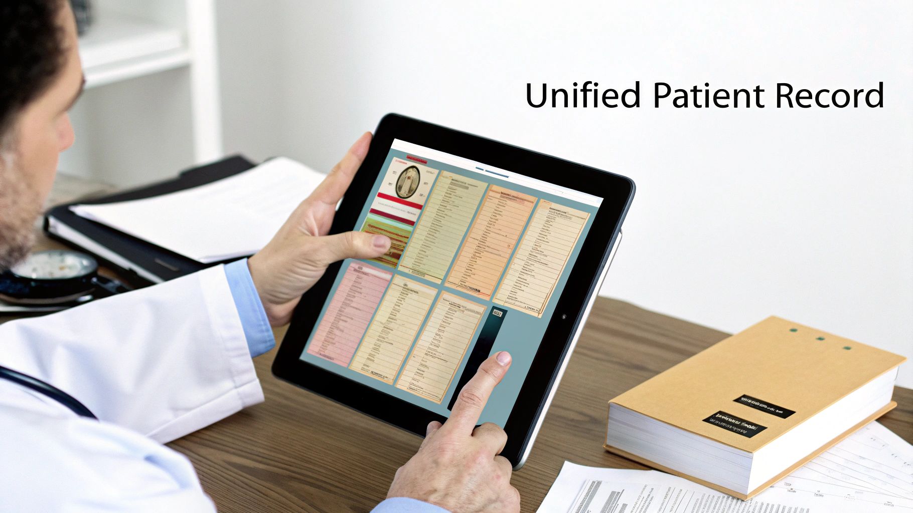 A doctor in a white coat uses a tablet to access a unified patient record system at a desk.