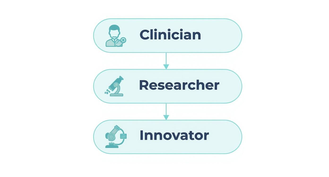 This decision tree helps users determine their primary DICOM file needs, categorizing them for clinicians, researchers, and innovators with corresponding icons.