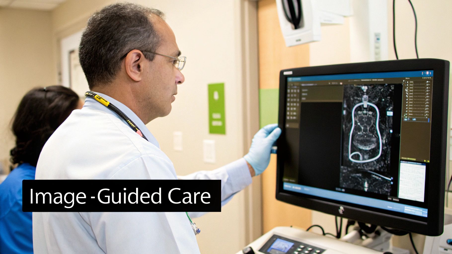 A radiologist performing a minimally invasive procedure in a high-tech operating room, guided by advanced imaging displays.