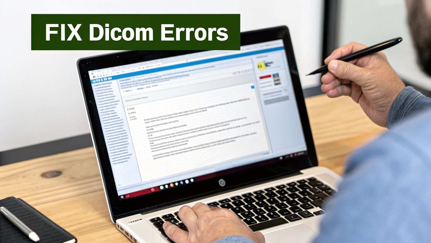 A person working on a laptop with a stylus, fixing Dicom errors on the screen.