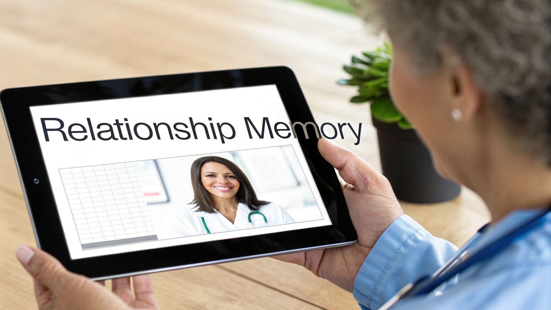 A doctor reviewing patient data on a tablet in a modern hospital hallway.
