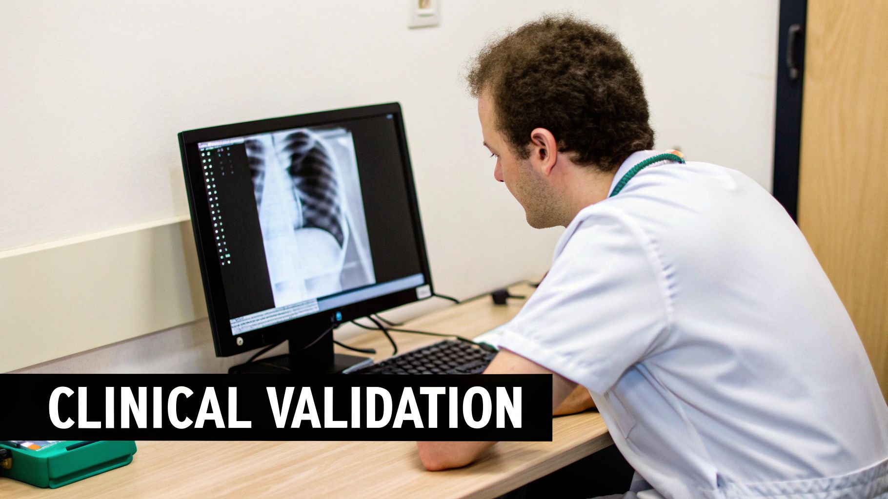 A doctor reviewing an X-ray on a computer screen, showing AI-highlighted areas.