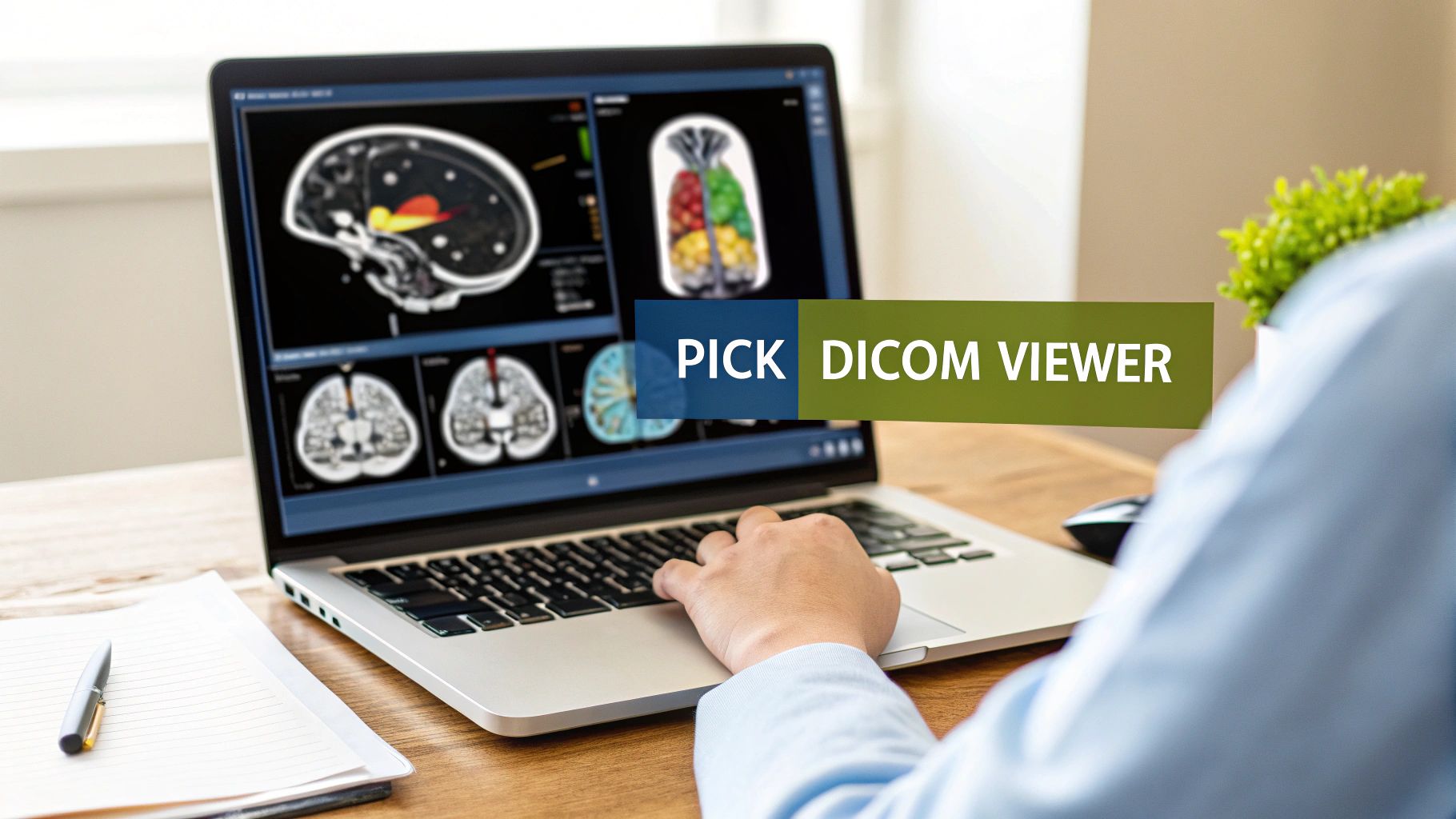 A person uses a laptop displaying medical brain scans and imaging with 'PICK DICOM VIEWER' text.