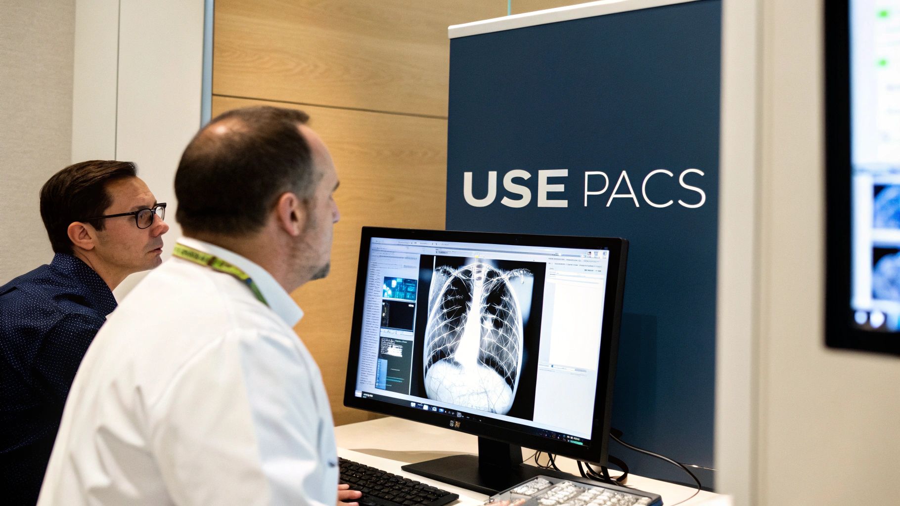 Two men view a chest X-ray on a computer screen, demonstrating medical imaging technology.