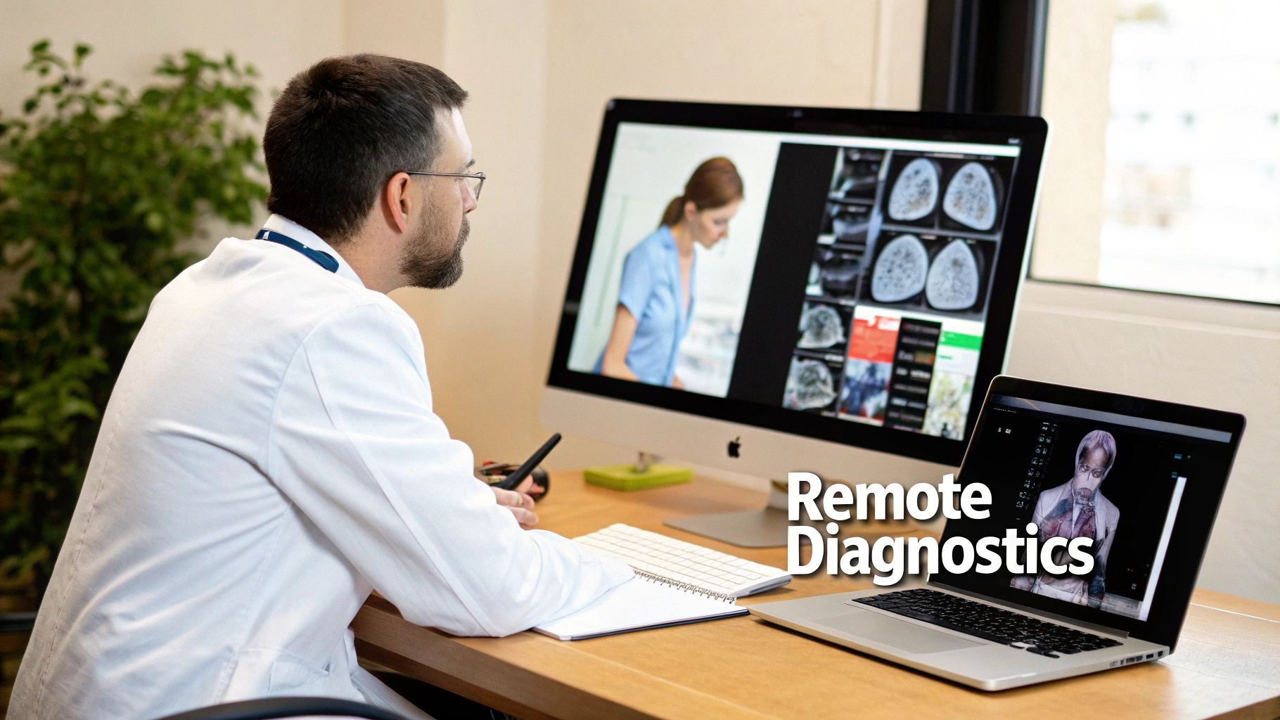 A doctor in a white lab coat analyzing medical images on multiple computer screens for remote diagnostics.