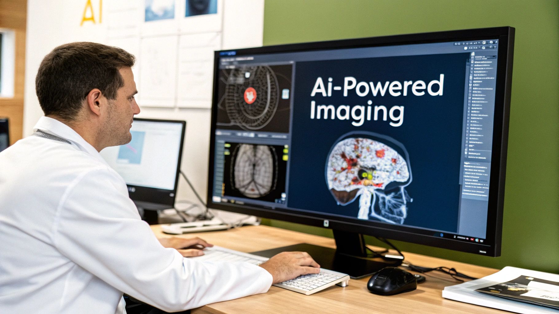 A medical professional reviews AI-powered imaging, displaying brain scans on a computer monitor.