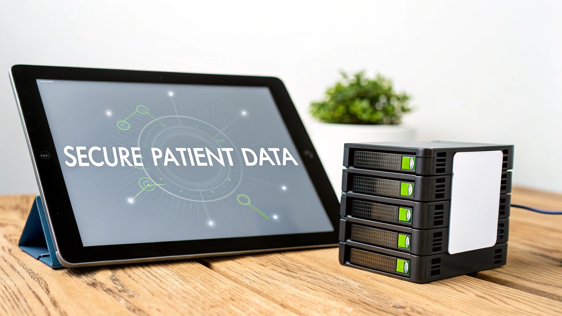 A tablet displaying 'SECURE PATIENT DATA' next to stacked external hard drives on a wooden desk, symbolizing healthcare data storage.