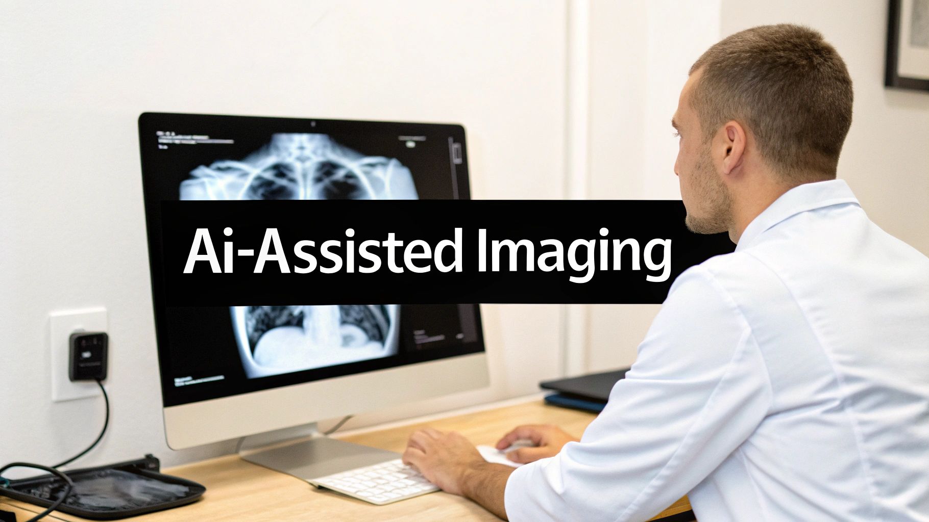 Medical professional reviews X-ray images on a computer, with 'Ai-Assisted Imaging' text overlaid.
