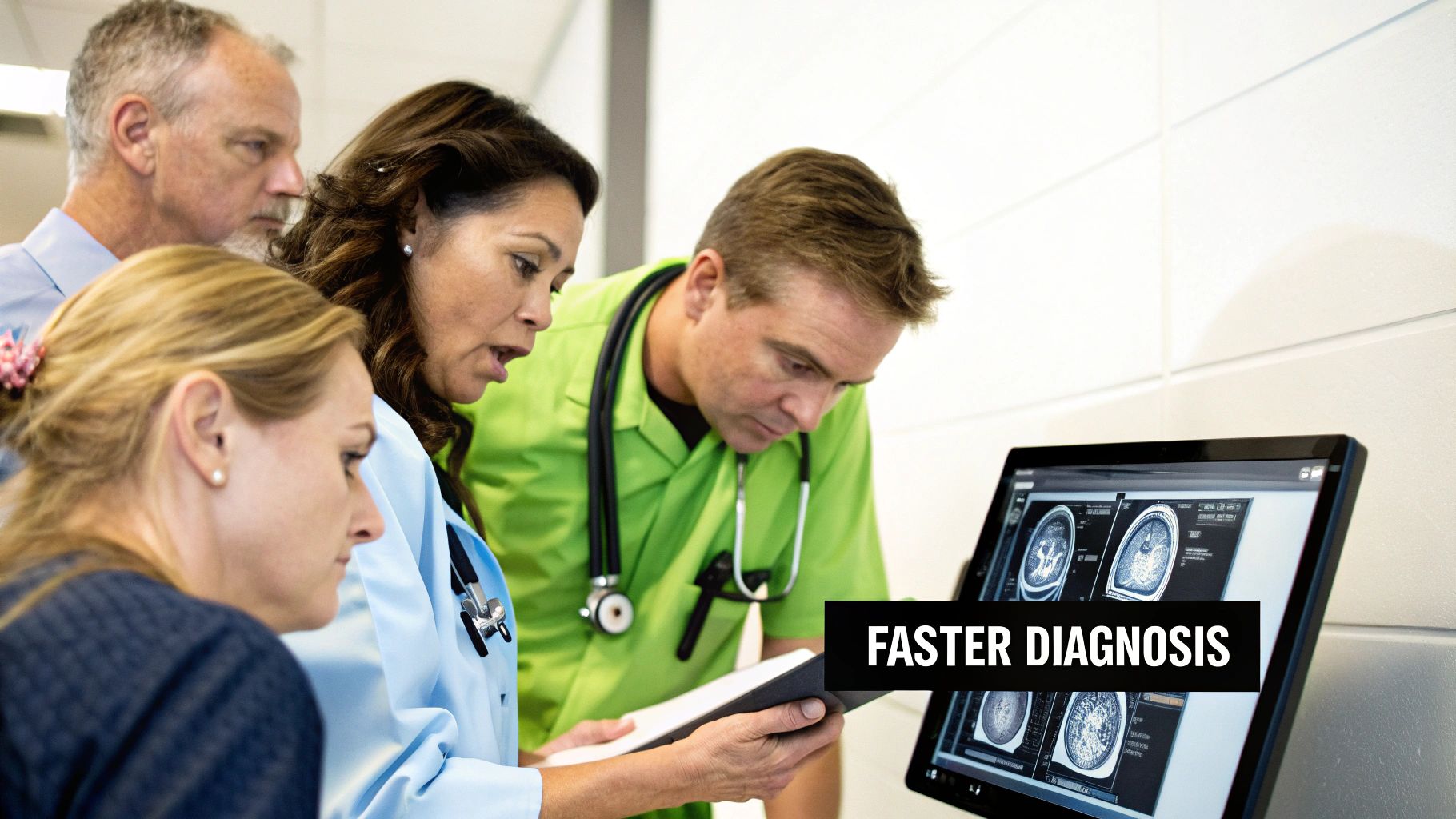 Four medical professionals collaboratively analyze brain scans on a computer screen for faster diagnosis.