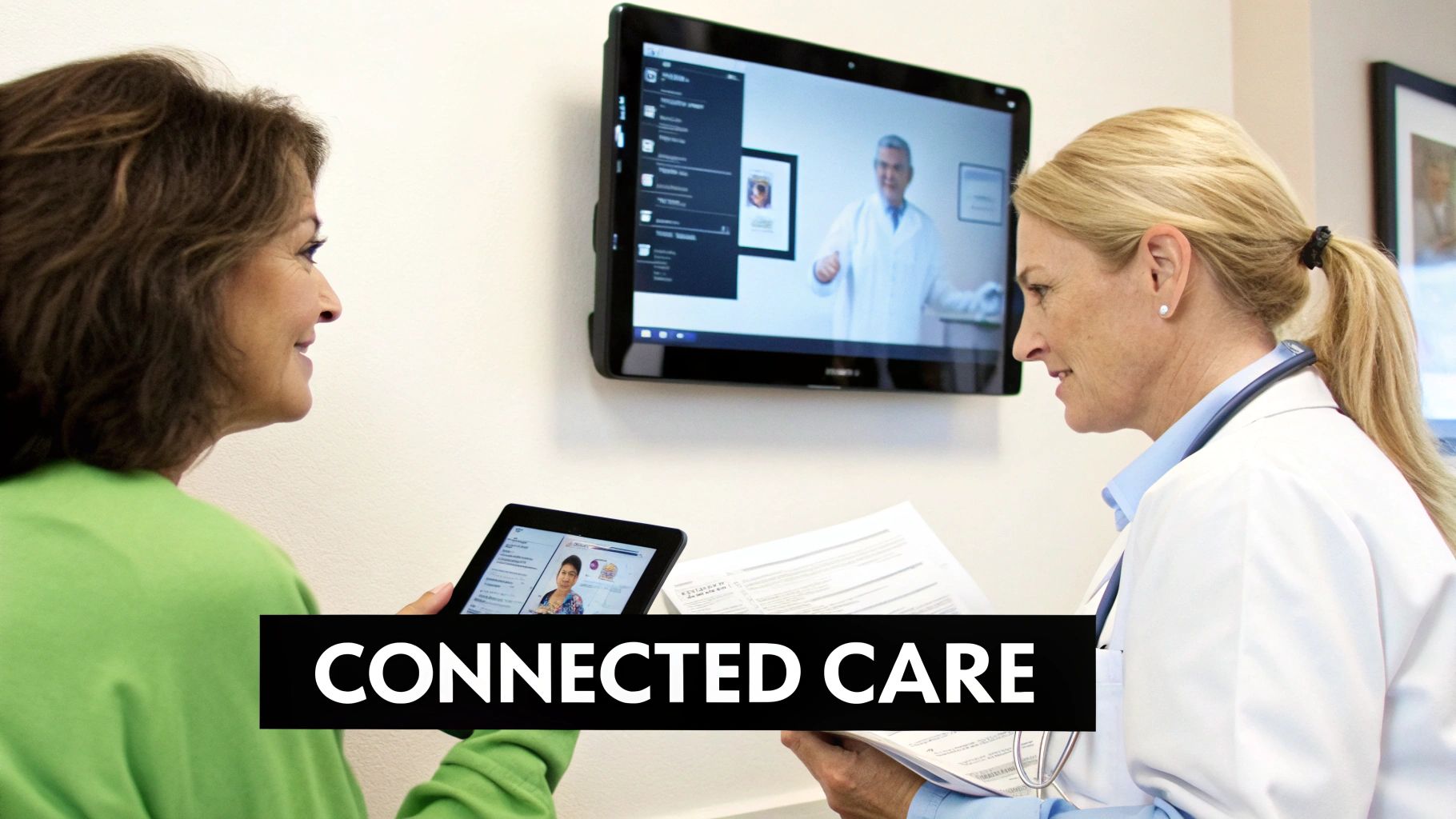A physician reviewing a patient's electronic health record on a tablet, with data visualizations in the background.