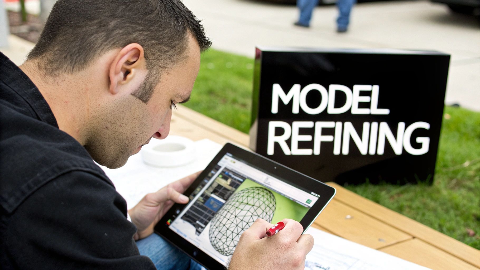 A person using Blender to refine the mesh of a 3D scanned object on a computer.