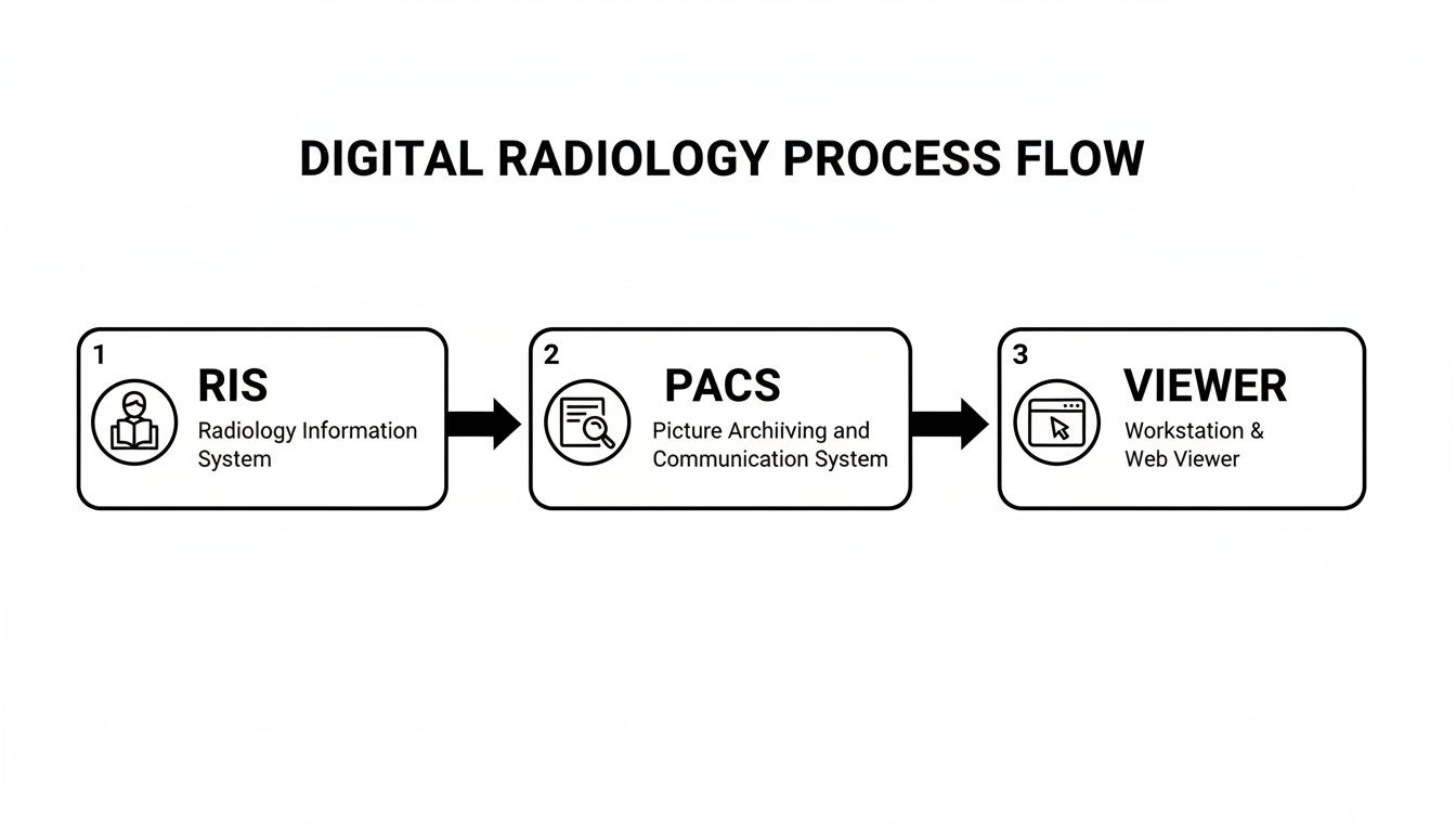 Diagram illustrating the digital radiology process flow from RIS to PACS and then to a viewer workstation.