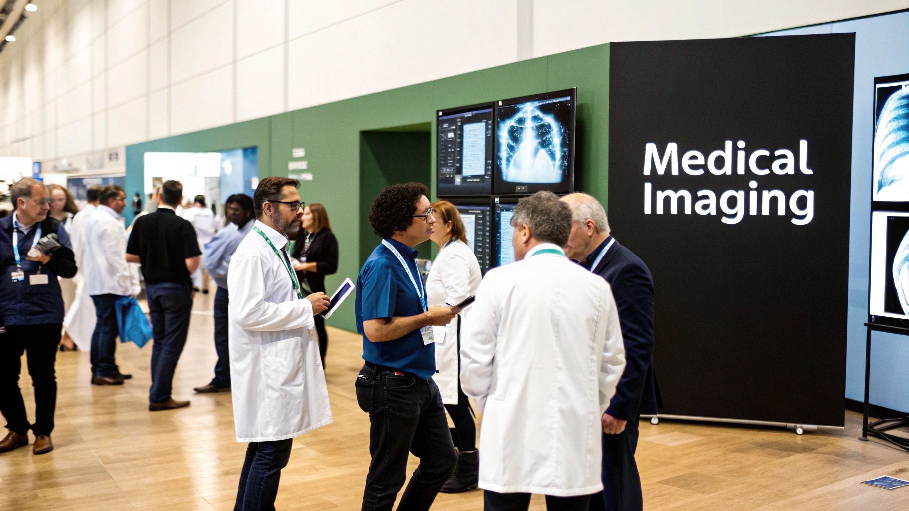Researchers and doctors collaborating on medical imaging technology at a conference.
