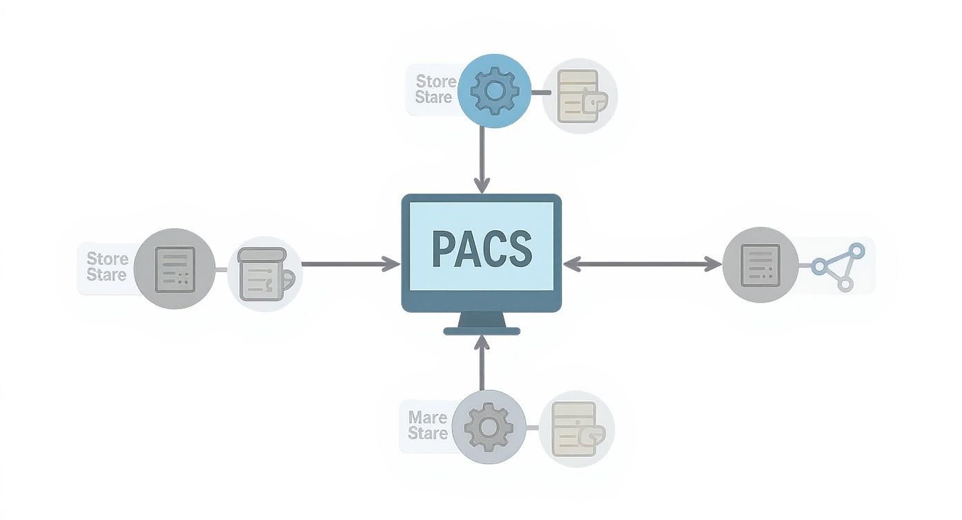 Diagram showing PACS (Picture Archiving and Communication System) at the center, connecting to storage, processing, and sharing components.