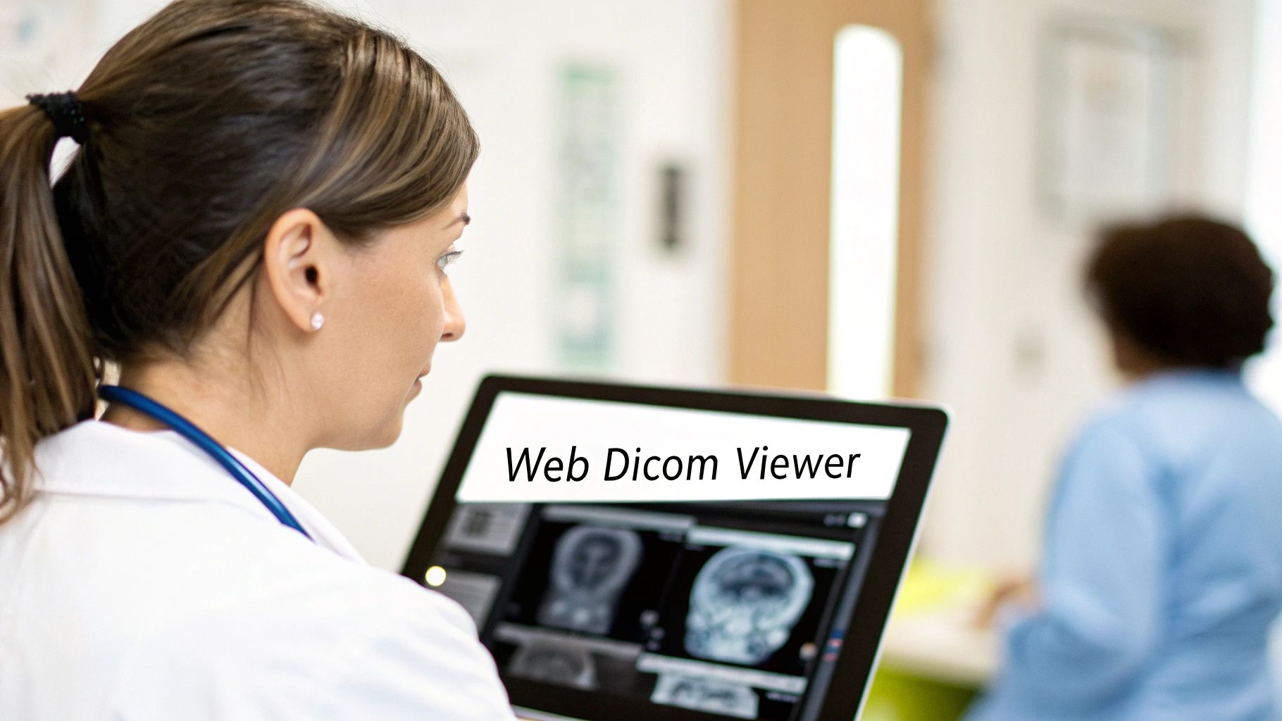 A female doctor in a white coat and stethoscope views medical images on a 'Web Dicom Viewer' on a tablet.