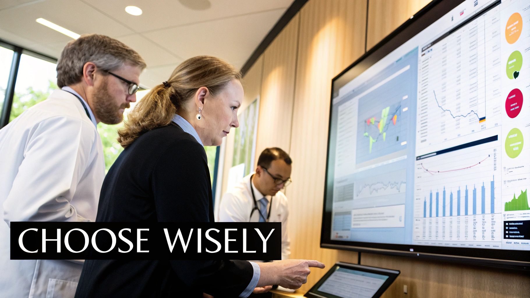 A team of medical professionals collaborating around a screen showing medical images