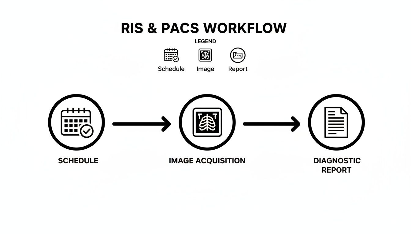 A clear diagram outlining the RIS and PACS workflow: scheduling, image acquisition, and diagnostic reporting.