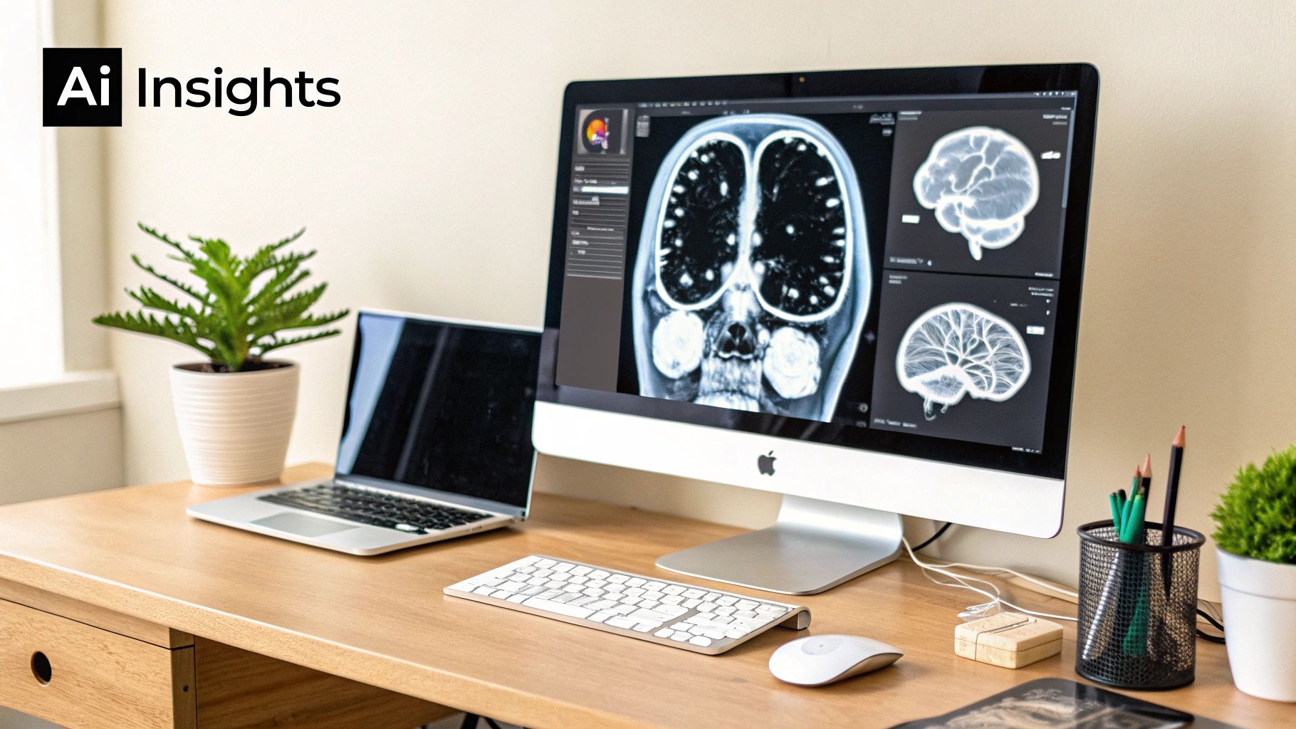 A computer monitor displays medical brain scans and a laptop on a wooden desk, symbolizing AI in healthcare.